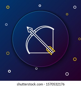 White and yellow line Bow and arrow in quiver icon isolated on dark blue background. Colorful outline concept. Vector Illustration