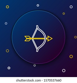 White and yellow line Bow and arrow icon isolated on dark blue background. Cupid symbol. Love sign. Valentines day concept. Colorful outline concept. Vector Illustration