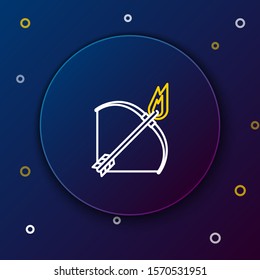White and yellow line Bow and fire arrow icon isolated on dark blue background. Colorful outline concept. Vector Illustration