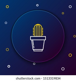 White and yellow line Cactus and succulent in pot icon isolated on dark blue background. Plant growing in a pot. Potted plant sign. Colorful outline concept. Vector Illustration