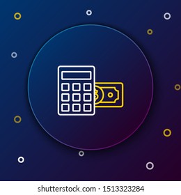 White and yellow line Calculator with dollar symbol icon isolated on dark blue background. Money saving concept. Accounting symbol. Colorful outline concept. Vector Illustration