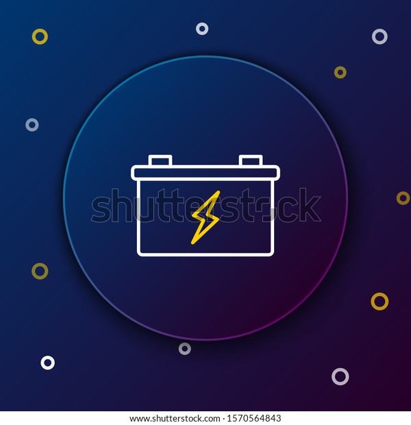 White and yellow line Car battery icon\
isolated on dark blue background. Accumulator battery energy power\
and electricity accumulator battery. Colorful outline concept.\
Vector Illustration