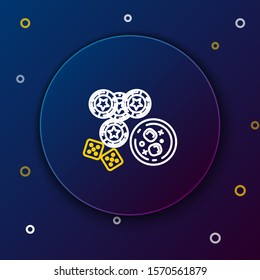 White and yellow line Casino chips, game dice and glass of whiskey with ice cubes icon isolated on dark blue background. Casino poker. Colorful outline concept. Vector Illustration