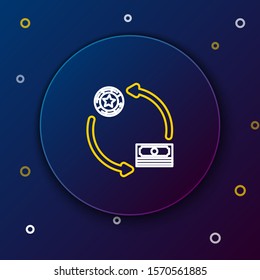 White and yellow line Casino chips exchange on stacks of dollars icon isolated on dark blue background. Colorful outline concept. Vector Illustration