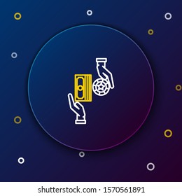 White and yellow line Casino chips exchange on stacks of dollars icon isolated on dark blue background. Colorful outline concept. Vector Illustration