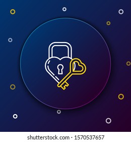 White and yellow line Castle in the shape of a heart and key icon isolated on dark blue background. Locked Heart. Love symbol and keyhole sign. Colorful outline concept. Vector Illustration