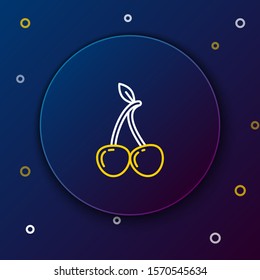 White and yellow line Cherry icon isolated on dark blue background. Fruit with leaf symbol. Colorful outline concept. Vector Illustration