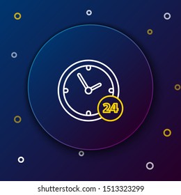 White and yellow line Clock 24 hours icon isolated on dark blue background. All day cyclic icon. 24 hours service symbol. Colorful outline concept. Vector Illustration