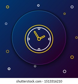 White and yellow line Clock icon isolated on dark blue background. Time symbol. Colorful outline concept. Vector Illustration