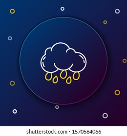 White and yellow line Cloud with rain icon isolated on dark blue background. Rain cloud precipitation with rain drops. Colorful outline concept. Vector Illustration