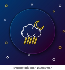 White and yellow line Cloud with rain and moon icon isolated on dark blue background. Rain cloud precipitation with rain drops. Colorful outline concept. Vector Illustration