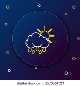 White and yellow line Cloud with rain and sun icon isolated on dark blue background. Rain cloud precipitation with rain drops. Colorful outline concept. Vector Illustration