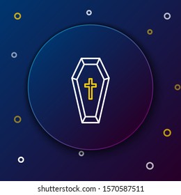White and yellow line Coffin with christian cross icon isolated on dark blue background. Happy Halloween party. Colorful outline concept. Vector Illustration