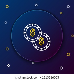 White and yellow line Coin money with dollar symbol icon isolated on dark blue background. Banking currency sign. Cash symbol. Colorful outline concept. Vector Illustration White and yellow line Coin money with dollar symbol icon isolated on dark blue background. Banking currency sign. Cash symbol. Colorful outline concept. Vector Illustration