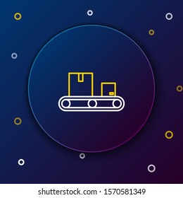 White and yellow line Conveyor belt with cardboard box icon isolated on dark blue background. Colorful outline concept. Vector Illustration