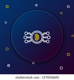 White and yellow line Cryptocurrency bitcoin in circle with microchip circuit icon isolated on dark blue background. Blockchain technology, digital money market. Colorful outline concept. Vector