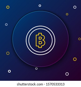 White and yellow line Cryptocurrency coin Bitcoin icon isolated on dark blue background. Physical bit coin. Blockchain based secure crypto currency. Colorful outline concept. Vector Illustration