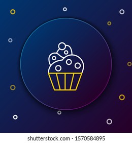 White and yellow line Cupcake icon isolated on dark blue background. Colorful outline concept. Vector Illustration