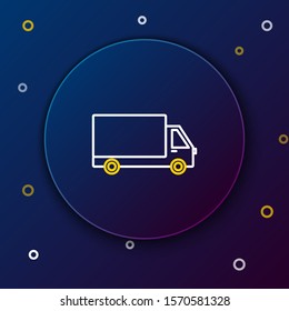 White and yellow line Delivery cargo truck vehicle icon isolated on dark blue background. Colorful outline concept. Vector Illustration