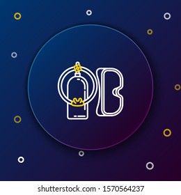 White and yellow line Diving mask and aqualung icon isolated on dark blue background. Oxygen tank for diver. Extreme sport. Sport equipment. Colorful outline concept. Vector Illustration