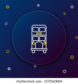 White and yellow line Double decker bus icon isolated on dark blue background. London classic passenger bus. Public transportation symbol. Colorful outline concept. Vector Illustration