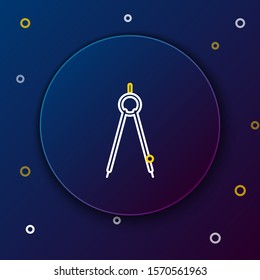 White and yellow line Drawing compass icon isolated on dark blue background. Compasses sign. Drawing and educational tools. Geometric instrument. Colorful outline concept. Vector Illustration