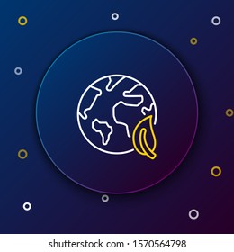 White and yellow line Earth globe and leaf icon isolated on dark blue background. World or Earth sign. Geometric shapes. Environmental concept. Colorful outline concept. Vector Illustration
