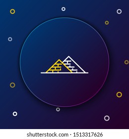 White and yellow line Egypt pyramids icon isolated on dark blue background. Symbol of ancient Egypt. Colorful outline concept. Vector Illustration