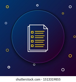White and yellow line File document icon isolated on dark blue background. Checklist icon. Business concept. Colorful outline concept. Vector Illustration