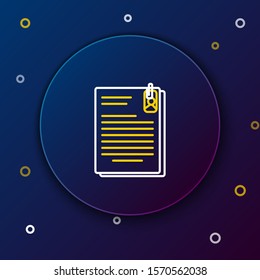 White and yellow line File document and paper clip icon isolated on dark blue background. Checklist icon. Business concept. Colorful outline concept. Vector Illustration