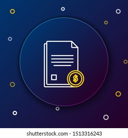 White and yellow line Finance document icon isolated on dark blue background. Paper bank document with dollar coin for invoice or bill concept. Colorful outline concept. Vector Illustration