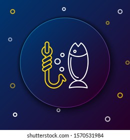 White and yellow line Fishing icon isolated on dark blue background. Fish and hook. Strategy concept. Bait sign. Colorful outline concept. Vector Illustration