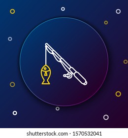 White and yellow line Fishing rod and fish icon isolated on dark blue background. Fishing equipment and fish farming topics. Colorful outline concept. Vector Illustration