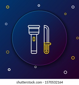 White and yellow line Flashlight and knife icon isolated on dark blue background. Colorful outline concept. Vector Illustration