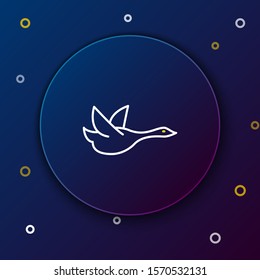 White and yellow line Flying duck icon isolated on dark blue background. Colorful outline concept. Vector Illustration