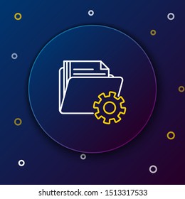 White and yellow line Folder settings with gears icon isolated on dark blue background. Software update, transfer protocol, teamwork tool management. Colorful outline concept. Vector Illustration