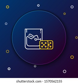 White and yellow line Game dice and glass of whiskey with ice cubes icon isolated on dark blue background. Casino gambling. Colorful outline concept. Vector Illustration