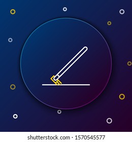 White and yellow line Garden rake in work icon isolated on dark blue background. Tool for horticulture, agriculture, farming. Ground cultivator. Colorful outline concept. Vector Illustration