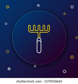 White and yellow line Garden rake icon isolated on dark blue background. Tool for horticulture, agriculture, farming. Ground cultivator. Housekeeping equipment. Colorful outline concept. Vector