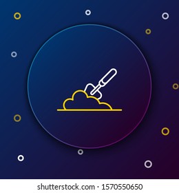 White and yellow line Garden trowel spade or shovel in the ground icon isolated on dark blue background. Gardening tool. Tool for horticulture, agriculture, farming. Colorful outline concept. Vector