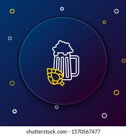 White and yellow line Glass of beer and hop icon isolated on dark blue background. Colorful outline concept. Vector Illustration