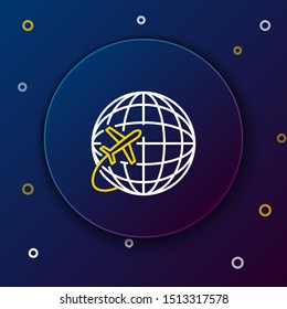 White and yellow line Globe with flying plane icon isolated on dark blue background. Airplane fly around the planet earth. Aircraft world icon. Colorful outline concept. Vector Illustration