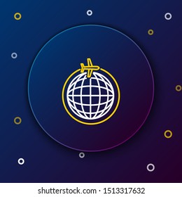 White and yellow line Globe with flying plane icon isolated on dark blue background. Airplane fly around the planet earth. Aircraft world icon. Colorful outline concept. Vector Illustration