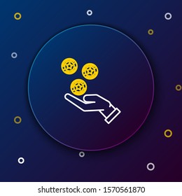 White and yellow line Hand holding casino chips icon isolated on dark blue background. Casino gambling. Colorful outline concept. Vector Illustration