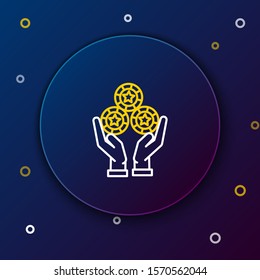 White and yellow line Hand holding casino chips icon isolated on dark blue background. Casino gambling. Colorful outline concept. Vector Illustration