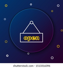 White and yellow line Hanging sign with text Open door icon isolated on dark blue background. Colorful outline concept. Vector Illustration