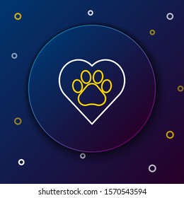 White and yellow line Heart with animals footprint icon isolated on dark blue background. Pet paw in heart. Love to the animals. Colorful outline concept. Vector Illustration