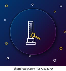 White and yellow line High striker attraction with big hammer icon isolated on dark blue background. Attraction for measuring strength. Amusement park. Colorful outline concept. Vector Illustration