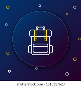 White and yellow line Hiking backpack icon isolated on dark blue background. Camping and mountain exploring backpack. Colorful outline concept. Vector Illustration