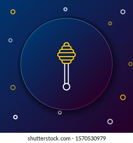 White and yellow line Honey dipper stick icon isolated on dark blue background. Honey ladle. Colorful outline concept. Vector Illustration